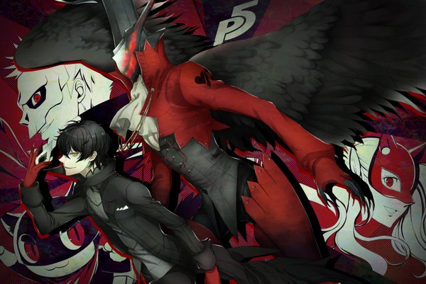 Anime picture 1500x1003 with persona 5 persona amamiya ren takamaki anne morgana (persona 5) sakamoto ryuuji arsene (persona 5) long hair short hair black hair blonde hair smile red eyes twintails holding yellow eyes looking away profile black wings gloves