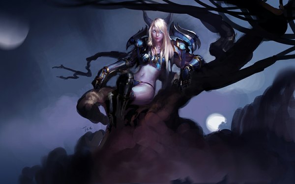 Anime picture 1120x700 with akizhao single long hair blue eyes blonde hair wide image horn (horns) glowing glowing eye (eyes) girl navel plant (plants) tree (trees) armor bikini bottom