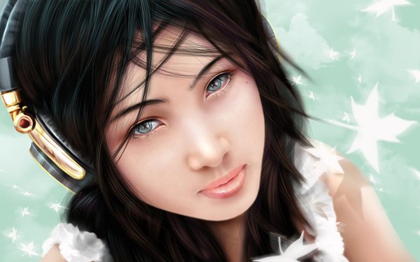 Anime picture 1920x1200 with real life katerina isabelle khio castrochew single looking at viewer highres short hair blue eyes black hair brown hair wide image lips realistic close-up face girl headphones leaf (leaves)
