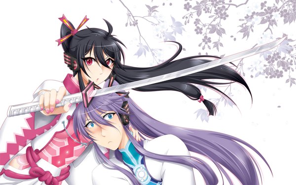 Anime picture 1500x940 with vocaloid kamui gakupo gakuko tagme (artist) long hair blush blue eyes black hair red eyes wide image purple hair nail polish couple girl boy weapon sword