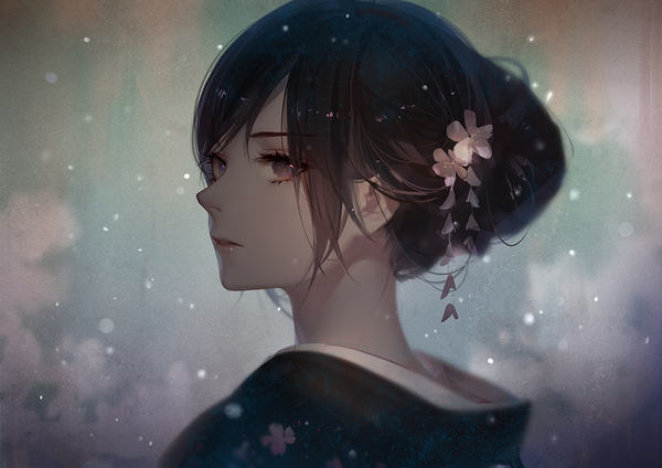 Anime picture 1000x707 with di qiu wang shi ask (askzy) single short hair black hair traditional clothes japanese clothes pink eyes looking back hair flower girl hair ornament flower (flowers) kimono