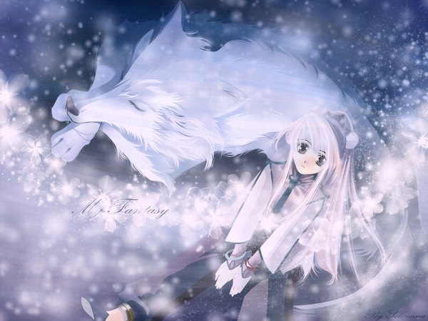 Anime picture 1600x1200 with shiina yuu snowing winter dog tagme