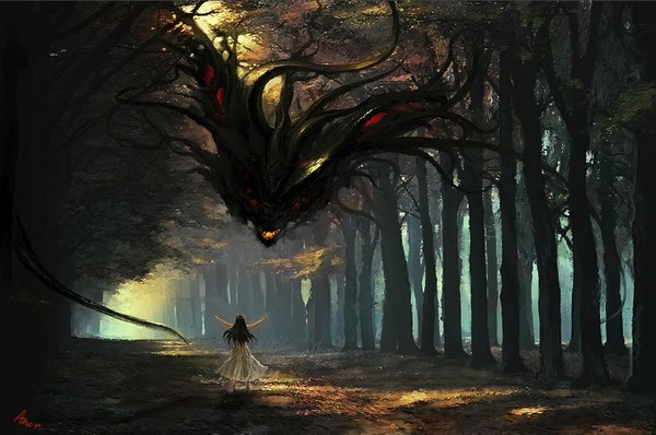 Anime picture 1024x680 with original aner (qqan00) long hair black hair sunlight back fantasy girl dress plant (plants) tree (trees) forest monster tentacles