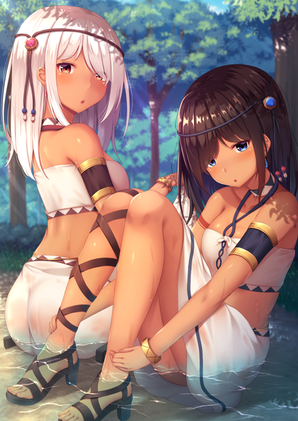 Anime picture 850x1200 with original momo no kanzume long hair tall image looking at viewer blush fringe blue eyes light erotic brown hair sitting bare shoulders multiple girls brown eyes full body outdoors white hair parted lips looking back hair over one eye