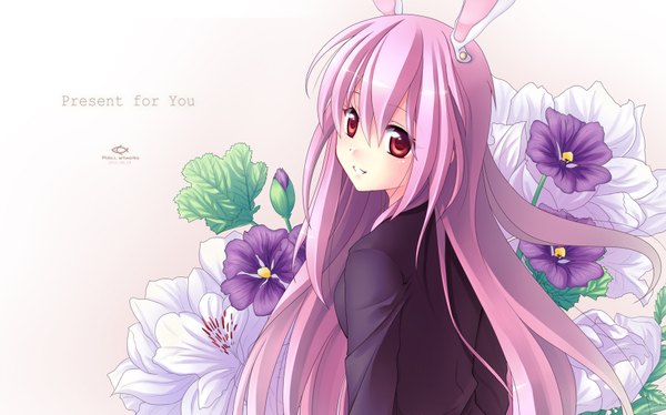 Anime picture 1680x1049 with touhou reisen udongein inaba philomelalilium single long hair red eyes wide image pink hair looking back inscription bunny ears bunny girl girl flower (flowers)