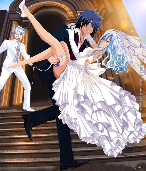 Anime picture 2714x3173 with fairy tail gray fullbuster juvia lockser lyon bastia nina2119 long hair tall image blush fringe highres short hair open mouth blue eyes light erotic blue hair hair over one eye open clothes multiple boys tattoo high heels