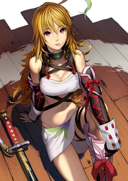 Anime picture 707x1000 with tales of (series) tales of xillia milla maxwell kurumayama single long hair tall image looking at viewer light erotic blonde hair bare shoulders ahoge pink eyes midriff girl skirt navel weapon detached sleeves sword