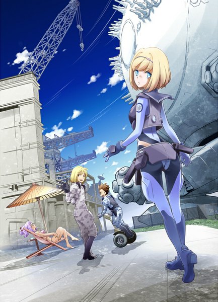 Anime picture 650x900 with heavy object j.c. staff milinda brantini frolaytia capistrano qwenthur barbotage havia winchell long hair tall image looking at viewer fringe short hair breasts open mouth blue eyes light erotic blonde hair brown hair multiple girls sky purple hair