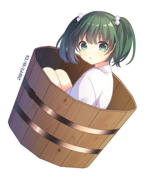 Anime picture 1000x1197 with touhou kisume yamayu single tall image looking at viewer blush short hair simple background white background sitting twintails green eyes parted lips green hair dated short twintails girl in bucket girl hair ornament