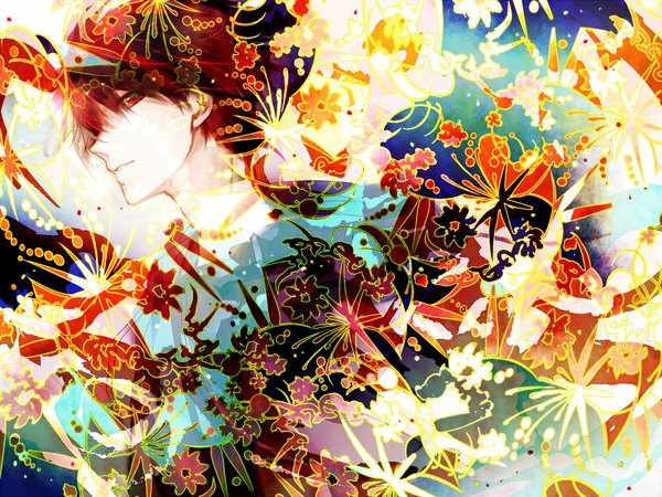 Anime picture 1000x750 with original matsunaka hiro single short hair red eyes brown hair profile boy flower (flowers)