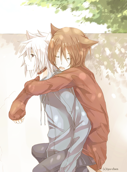 Anime picture 3480x4700 with original iya-chen tall image highres short hair red eyes brown hair signed animal ears absurdres white hair profile cat ears hug sleeping riding boy plant (plants) tree (trees) collar