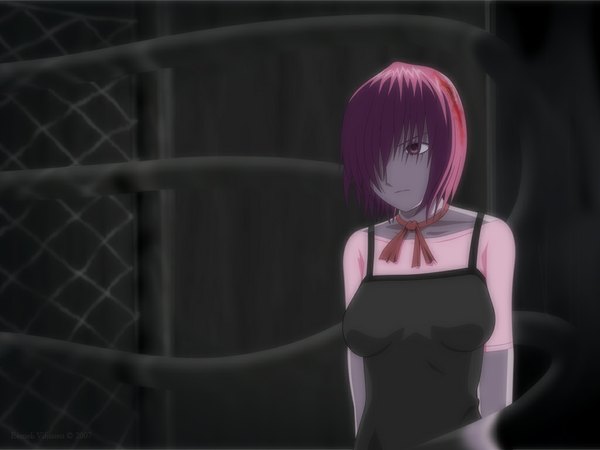 Anime picture 1024x768 with elfen lied arms corporation lucy short hair breasts pink hair wallpaper dress shirt bowtie blood lace