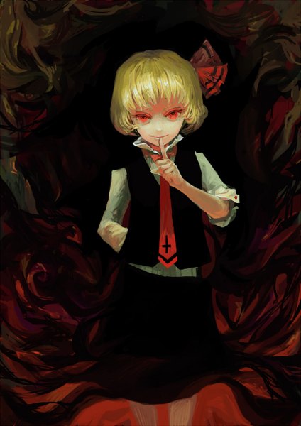 Anime picture 904x1280 with touhou rumia antiquewhite single tall image looking at viewer fringe short hair blonde hair red eyes finger to mouth dark background girl skirt bow hair bow necktie vest