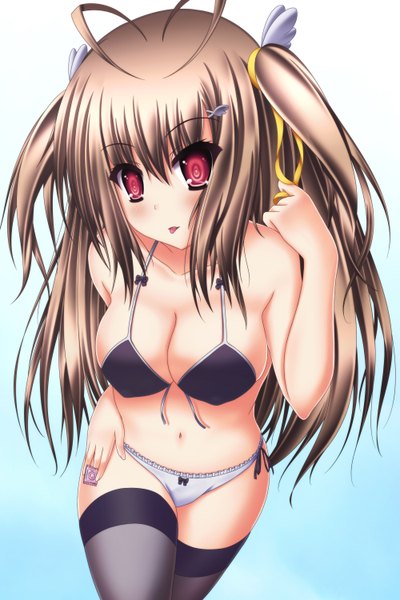 Anime picture 2000x3000 with toyokawa itsuki (p mayuhime) single long hair tall image looking at viewer blush highres light erotic red eyes brown hair erect nipples underwear only covered nipples girl thighhighs navel underwear panties black thighhighs tongue