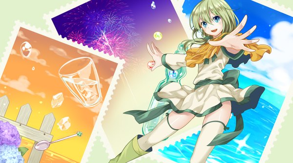 Anime picture 2000x1119 with utau amaga elu (character) toudou charo single long hair looking at viewer blush highres open mouth blue eyes wide image green hair girl thighhighs dress flower (flowers) white thighhighs boots hydrangea