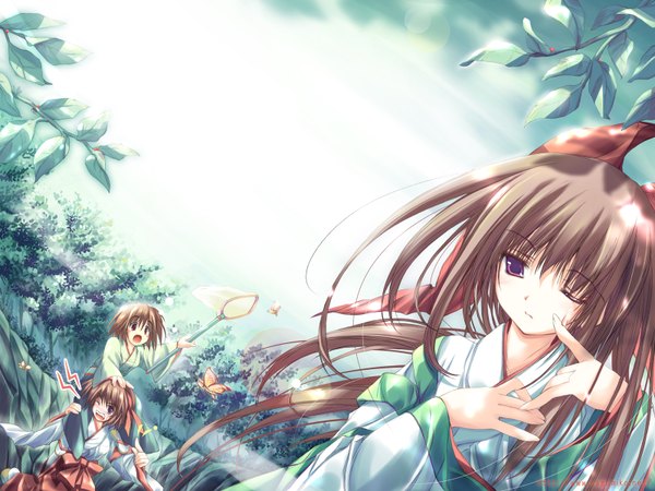 Anime picture 1600x1200 with original nagomi long hair short hair open mouth brown hair sitting purple eyes multiple girls outdoors traditional clothes japanese clothes one eye closed dutch angle wallpaper sitting on person girl plant (plants) tree (trees) insect