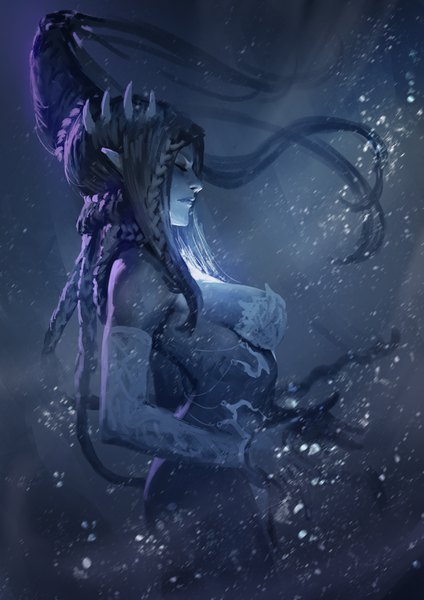 Anime picture 2480x3508 with final fantasy final fantasy x square enix shiva (final fantasy) josh corpuz single long hair tall image highres breasts light erotic bare shoulders cleavage braid (braids) eyes closed profile horn (horns) lips pointy ears snowing