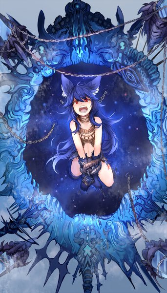 Anime picture 1142x2000 with shingeki no bahamut granblue fantasy fenrir (shingeki no bahamut) ganesagi single long hair tall image looking at viewer fringe open mouth light erotic hair between eyes red eyes animal ears blue hair ahoge tail animal tail from above teeth