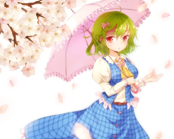 Anime picture 1250x1000 with touhou kazami yuuka shironeko yuuki single looking at viewer short hair red eyes green hair cherry blossoms girl skirt flower (flowers) petals umbrella skirt set