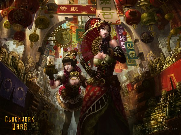 Anime picture 1067x800 with clockwork wars (game) poibuts short hair black hair brown hair multiple girls green eyes cleavage traditional clothes lips mole hand on hip mole under eye chinese clothes girl gloves 2 girls elbow gloves fan chinese dress