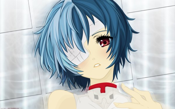Anime picture 1920x1200 with neon genesis evangelion gainax ayanami rei itou noiji single looking at viewer fringe highres short hair hair between eyes red eyes wide image blue hair upper body lying parted lips on back reflection vector bandage over one eye