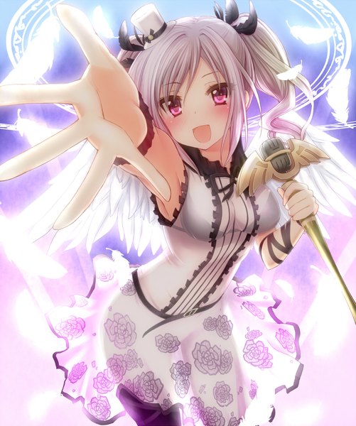 Anime picture 1500x1795 with idolmaster idolmaster cinderella girls kanzaki ranko imachi single long hair tall image blush open mouth twintails silver hair pink eyes drill hair beach angel girl dress hat wings microphone stand