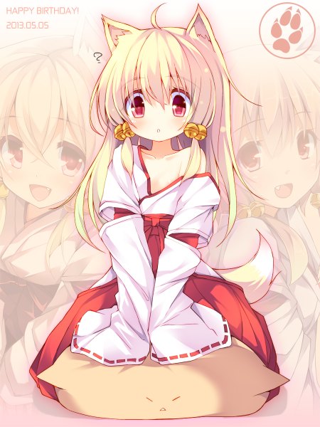 Anime picture 900x1200 with original chiri (atlanta) long hair tall image blush blonde hair red eyes animal ears tail traditional clothes animal tail miko girl pillow bell jingle bell