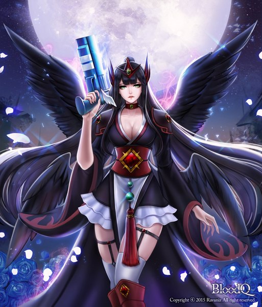 Anime picture 1800x2103 with dungeon and fighter ravaniz single long hair tall image looking at viewer highres blue eyes black hair night girl dress hair ornament weapon petals wings gun moon