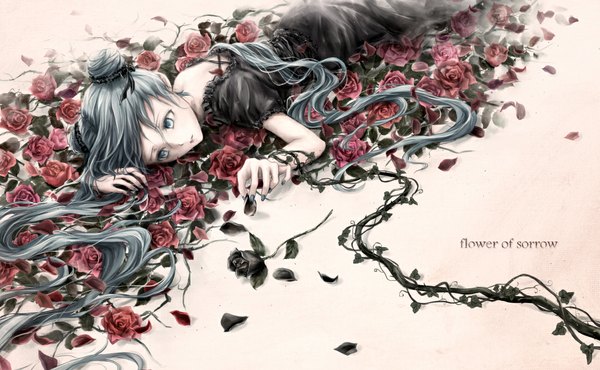 Anime picture 1100x680 with project diva f 2nd vocaloid hatsune miku nuwanko single long hair wide image twintails blue hair lying nail polish hair bun (hair buns) girl dress flower (flowers) black dress rose (roses) leaf (leaves) black rose