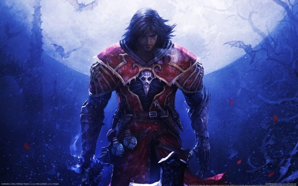 Anime-Bild 2560x1600 mit castlevania castlevania: lords of shadow konami gabriel belmont highres short hair black hair wide image night cold boy petals armor moon bat