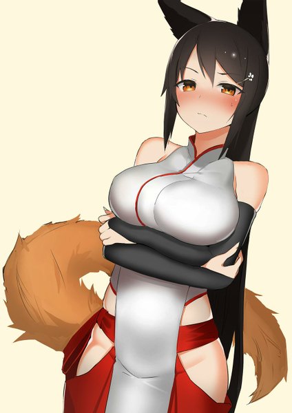 Anime picture 1024x1448 with original ccaw single long hair tall image blush breasts light erotic black hair simple background large breasts bare shoulders animal ears tail animal tail orange eyes fox ears fox tail crossed arms breast hold
