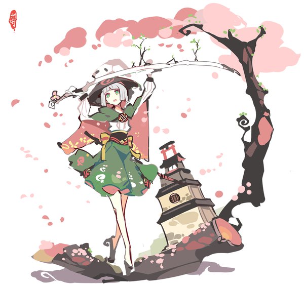 Anime picture 999x942 with touhou konpaku youmu ideolo single fringe short hair open mouth white background green eyes full body blunt bangs grey hair arms up cherry blossoms looking up girl weapon plant (plants) petals sword