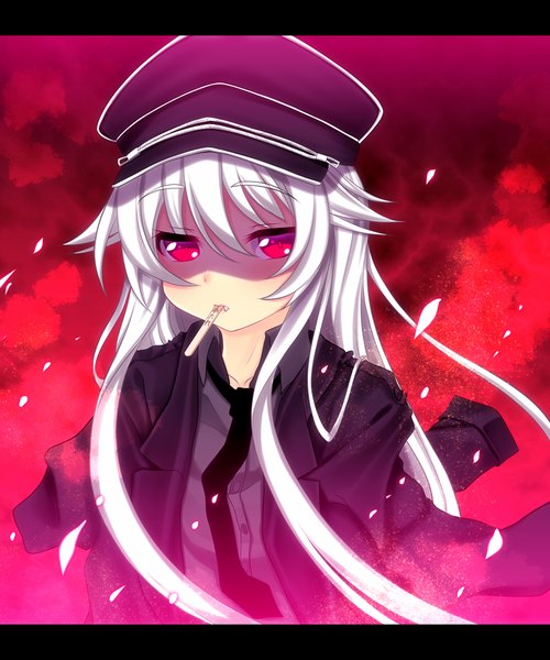 Anime picture 1000x1200 with original afilia (kiyomin) kiyomin single long hair tall image white hair pink eyes mouth hold letterboxed girl shirt necktie jacket flat cap