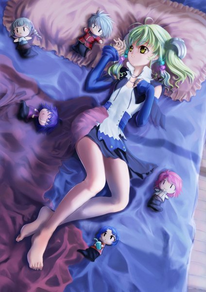 Anime picture 1158x1637 with super robot wars seolla schweizer kusuha mizuha ibis douglas irui guneden sanger zonvolt arado balanga st.microscope tall image short hair green eyes lying barefoot green hair legs chibi girl dress detached sleeves pillow