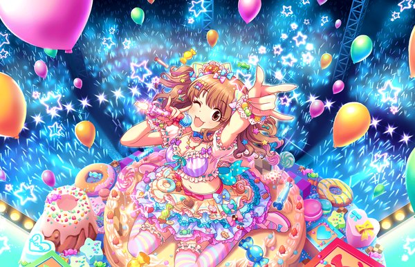Anime picture 1280x824 with idolmaster idolmaster cinderella girls moroboshi kirari single long hair looking at viewer blush open mouth brown hair brown eyes one eye closed wink great present girl thighhighs dress hair ornament bow hair bow food