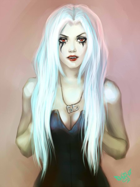 Anime picture 1024x1365 with original helvikertia single long hair tall image looking at viewer open mouth red eyes standing bare shoulders white hair lipstick red lipstick vampire girl pendant