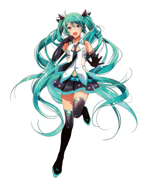 イラスト 1038x1200 と ボーカロイド 初音ミク 村上 ソロ 長身像 カメラ目線 開いた口 simple background 白背景 ツインテール very long hair aqua eyes aqua hair 女の子 スカート 手袋 ミニスカート 黒い手袋 ネクタイ 長手袋