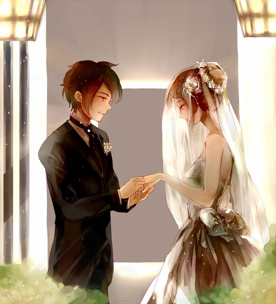 Anime picture 1000x1100 with inazuma eleven inazuma eleven go endou mamoru raimon natsumi haiko (kusub) long hair tall image short hair smile brown hair bare shoulders profile hair flower holding hands alternate hairstyle hair up wedding girl dress boy