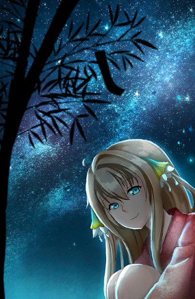 Anime picture 713x1089 with ar nosurge ionasal kkll preciel yayoi1986 single long hair tall image looking at viewer fringe blue eyes blonde hair smile ahoge bent knee (knees) hair flower night night sky milky way tanabata girl hair ornament