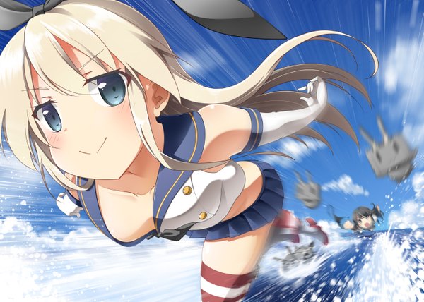 Anime picture 1399x1000 with kantai collection shimakaze destroyer rensouhou-chan asashio destroyer bell (satappe) bell (oppore coppore) long hair blush open mouth blue eyes light erotic black hair blonde hair smile multiple girls holding :d blurry zettai ryouiki no panties