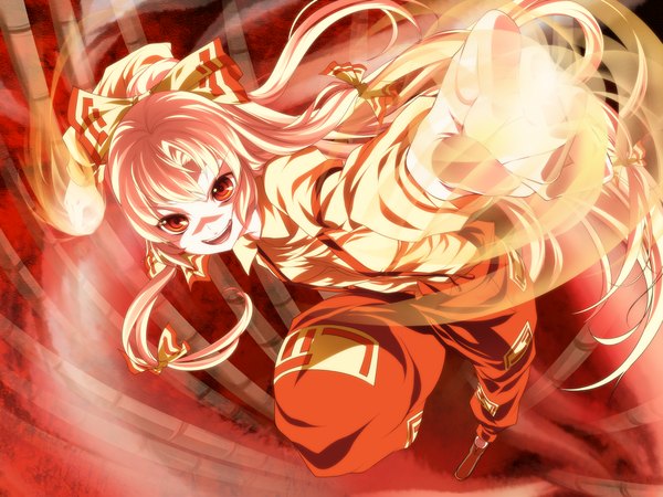 Anime picture 1500x1125 with touhou fujiwara no mokou mino106 single long hair open mouth blonde hair smile red eyes white hair magic jumping girl bow hair bow fire