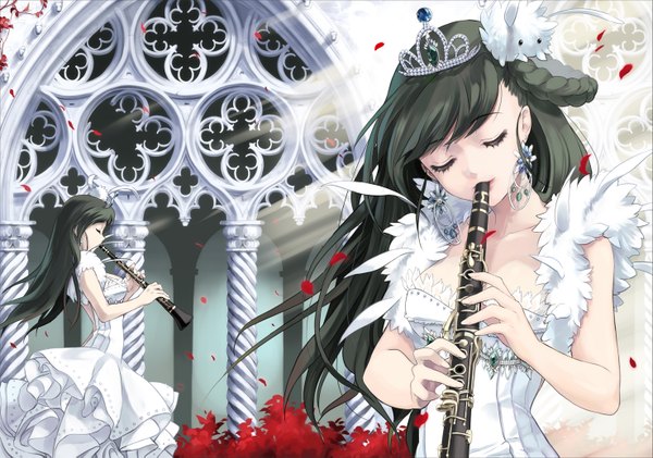 Anime picture 1473x1035 with original 1000marie long hair black hair multiple girls eyes closed profile sunlight girl dress 2 girls earrings animal petals feather (feathers) tiara musical instrument pillar column clarinet