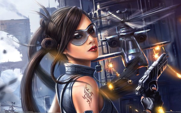 Anime picture 2560x1600 with original bryan sola (artist) long hair highres blue eyes brown hair wide image looking back lips realistic tattoo city girl gloves gun pendant goggles pistol helicopter