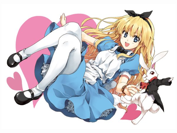 Anime picture 1280x960 with alice in wonderland alice (wonderland) white rabbit luna (reclaimed land) long hair open mouth blue eyes blonde hair white background girl dress bow hair bow apron