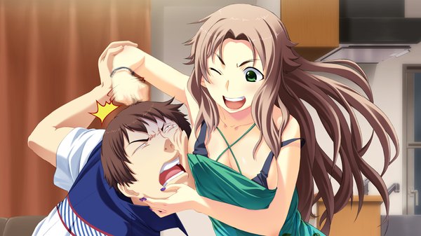 Anime picture 1024x576 with suigetsu 2 long hair short hair open mouth brown hair wide image green eyes game cg one eye closed wink girl boy