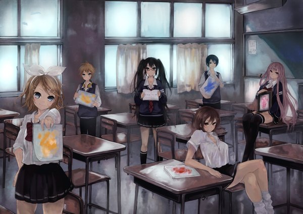 Anime picture 1500x1060 with vocaloid monochro blue sky (vocaloid) hatsune miku megurine luka kagamine rin kagamine len kaito (vocaloid) meiko pisuke long hair black hair blonde hair brown hair twintails crossed legs group classroom girl thighhighs skirt