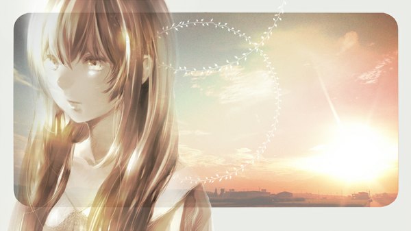 Anime picture 1000x562 with vocaloid megurine luka ebisu kana single long hair brown hair wide image brown eyes sky cloud (clouds) sunlight landscape girl sun