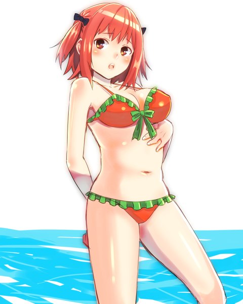 Anime picture 1323x1654 with hataraku maou-sama! white fox sasaki chiho inuhasiru single tall image blush short hair breasts open mouth light erotic red eyes large breasts twintails bare shoulders looking away cleavage red hair short twintails girl