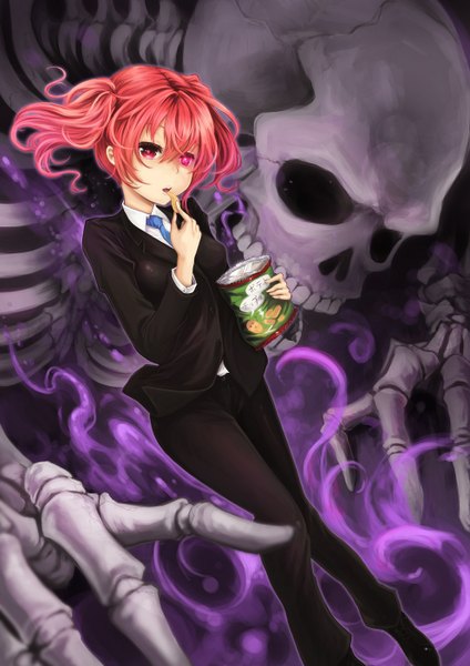 Anime picture 992x1404 with inu x boku ss david production roromiya karuta ks single long hair tall image open mouth twintails pink hair pink eyes eating skeleton girl necktie suit chips