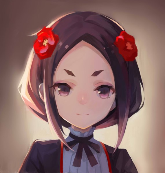 Anime picture 2458x2587 with princess principal toudou chise sc068 single tall image looking at viewer highres short hair black hair simple background purple eyes hair flower light smile portrait eyebrows girl flower (flowers)